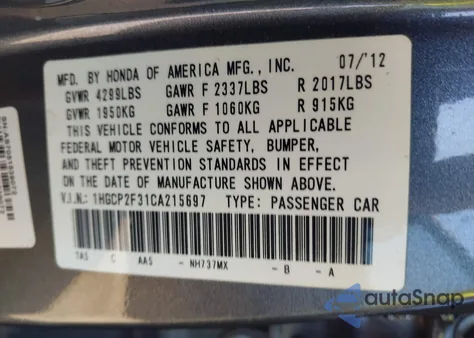 2012 Honda Accord 2.4 Lx из США, поврежденный, VIN 1HGCP2F31CA215697